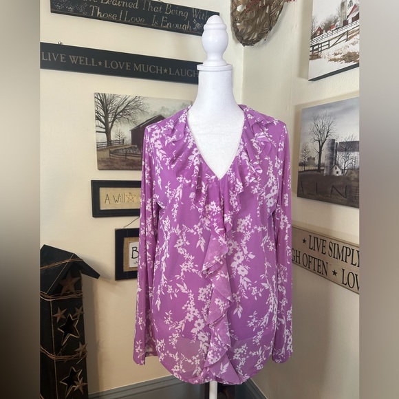 IMAN Tops - IMAN Floral Ruffle Blouse - Pink and White